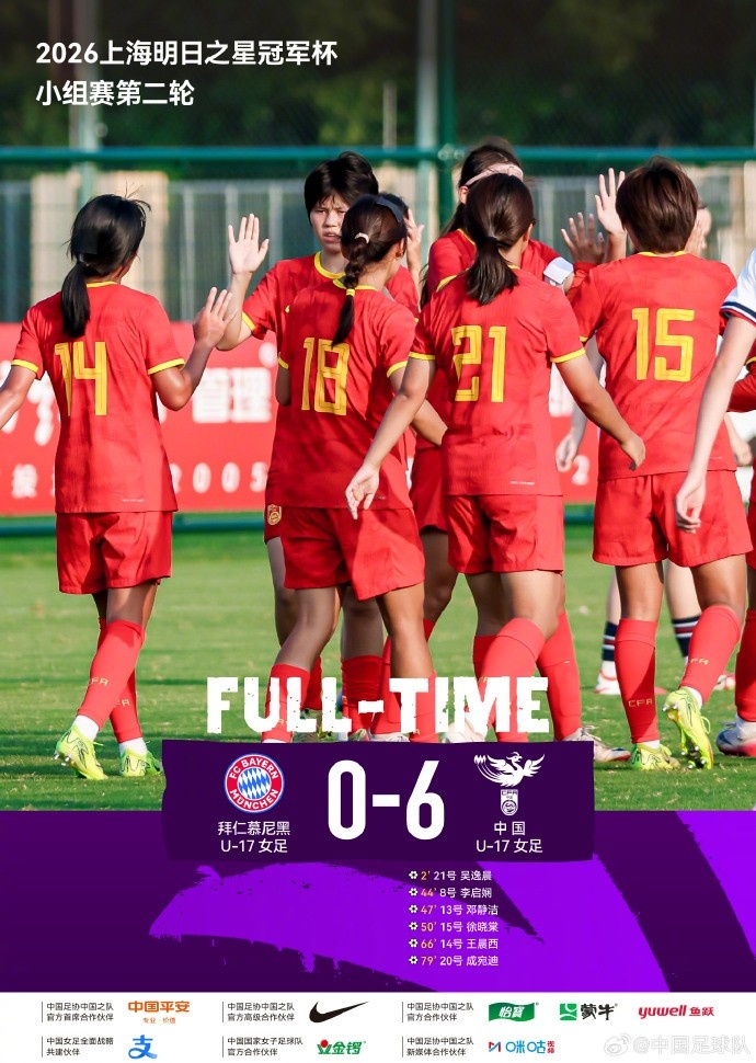中国U-17女足6比0零封拜仁慕尼黑U-17女足